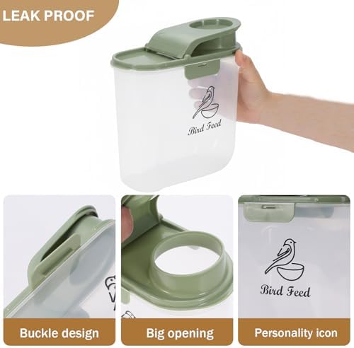 Bird Seed Storage Container, 2L/2.1Qt, Airtight, Flip Lid & Pour Spout | Bird Food Container with Scale for Sunflower Seeds, Portable Travel Kibble Storage Dispenser for Small Animal,Green