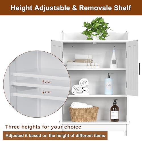 Yardenaler Over-The-Toilet Storage Shelf with Doors, Bathroom Freestanding Space Saver Organizer with Adjustable Shelf, White