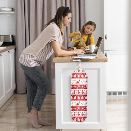 Christmas Red Grocery Bag Holder and Dispenser Plastic Bags Organizer | Christmas Snowman Santa Claus Elk Gift Snowflakes Pattern Garbage Shopping Trash Bags Storage for Kitchen Home