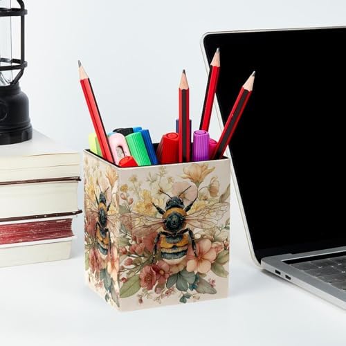 Bee Pen Holder for Desk Decor, Rectangular PVC Leather Pencil Cup for Desk Pen Organizer, Makeup Brush Holder for School, Home, Office