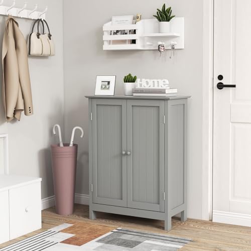 COSTWAY Bathroom Storage Cabinet, Freestanding Bathroom Organizers and Storage with Doors & Adjustable Shelf, Wooden Floor Cabinet for Home, Living Room, Entryway, Kitchen (Grey) | Storage with Doors & Adjustable Shelf, Wooden Floor Cabinet for Home, L...