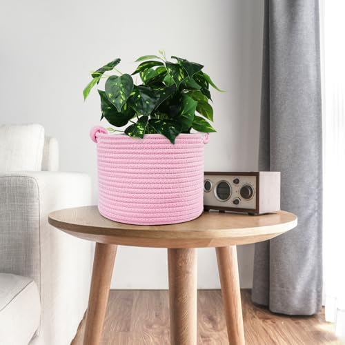 ABenkle Small Woven Basket, Cotton Rope Shelf Storage Basket, Small Round Basket, Cute Basket, Decorative Round Bin for Nursery Bedroom Bathroom, 9.4" x 9.4"x 7.1" Empty Gift Basket- Pink