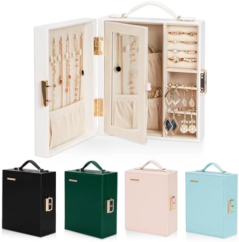 Enthralite Portable Travel Jewelry Case: Jewelry Box with Lock and Mirror | Quality PU Leather & Velvet Lined Jewelry Organizer - Large Capacity for Ring Earring Large Necklaces - Birthday Gift for Her