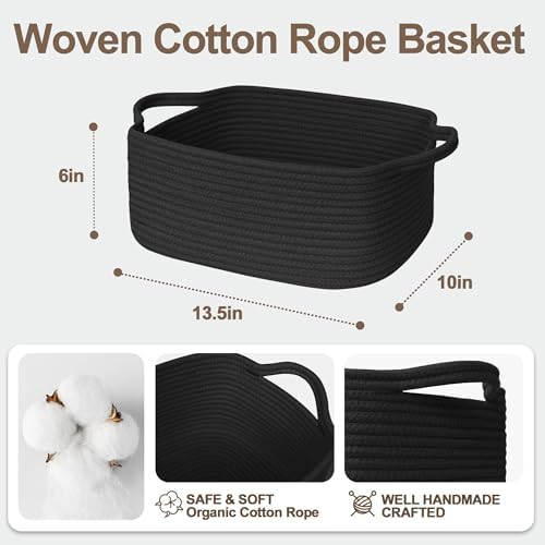 Black Basket for Gifts, Woven Gift Baskets Empty, Cotton Rope Storage Bin for Organizing, Cute Cat Dog Kids Toy Box, Decorative Baby Nursery Closet Organizer, Wicker Easter Basket with Handle