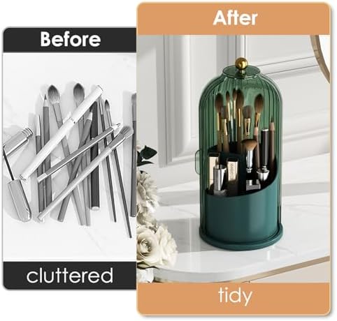 YOOLENS Makeup Brush Holder with Lid 360 Rotating Clear Dustproof Make Up Organizers for Vanity Bathroom Countertop, Green