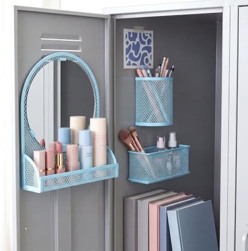 Weysat Set of 5 Magnetic Locker Accessories Mirror with 2 Magnetic Pen Holder and 2 Wire Mesh Storage Basket for Students Back to School Locker Organizer for Office End of School Years Gifts(Blue)