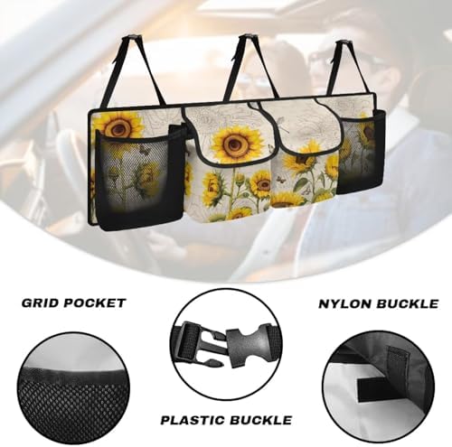 Dreaweet Sunflower Trunk Organizer for Car Women Cute Car Storage Accessories Interior Trunk Organizers Back Seat Hanging Storage with 4 Large Pockets,Hanging Trunk Organizer for SUV Car Sedan