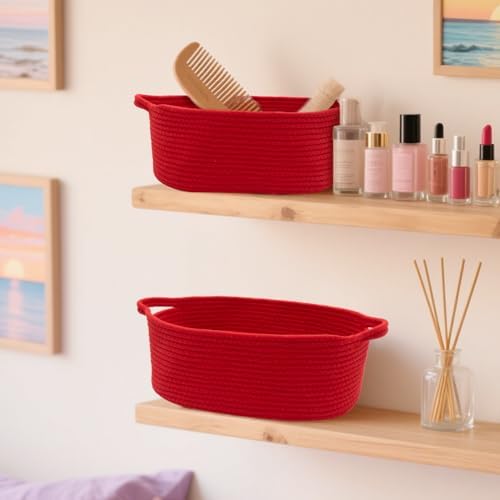 Woven Basket with Gift Bags and Ribbons, 14"X 10" X 6" Storage Basket Red | Gift Storage Organizer Basket Bin Shelf Shelves Cotton Rope Basket for Nursery, Pet Toys