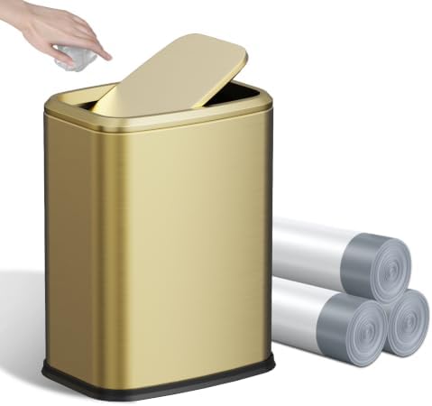 8L/2.1 Gallon Small Bathroom Trash Can with Lid, Swing-Top Rectangular Waste Bin, Stainless Steel Garbage Can for Home, Office, Toilet, Bedroom, Living-Room (Gold)