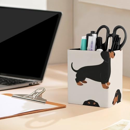 Women's Makeup Brush Cup Desktop Stationery Organizer Cartoon Dachshund Weiner Dog Pet Dogs Leather Pen Holder