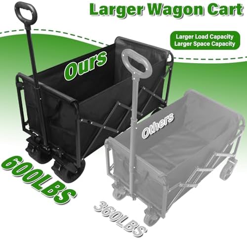 Folding Wagon Cart with All-Terrain Wheels – Heavy Duty Collapsible Utility Wagon for Grocery, Sports, Garden, Camping, Shopping (Black 600LBS)