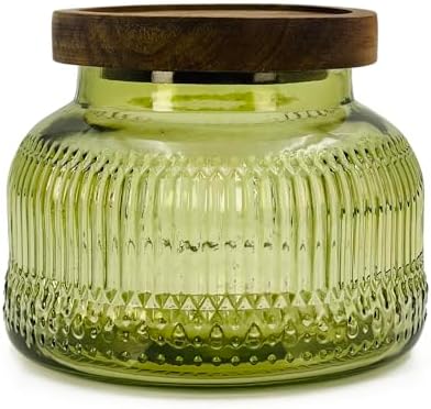 Decorative Green Ribbed Glass Jar with Airtight Wooden Lid, 25.4 fl. oz | Wide mouth vintage storage canister, kitchen pantry bathroom organization, coffee sugar tea cookie candy candle vase gift