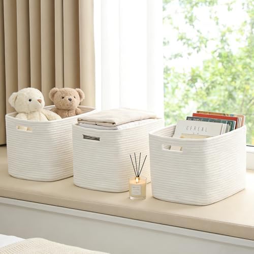 3 Pack Woven Baskets,Storage Baskets for Shelves with Handles | 13.5"×11"×9.5",Closet Baskets,Gift Basket,Nursery Organizer for Toys Towels Books,Storage Bin for Living Room Bedroom-White