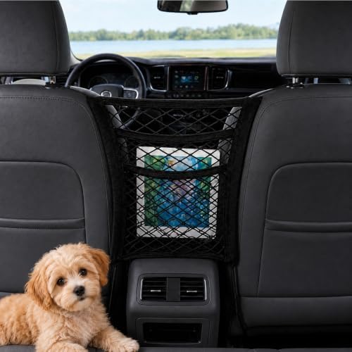 3-Layer Car Mesh Organizer, Dog Barrier Between Front Seats, Elastic Seat Back Net Bag for Kids, Pets, Tissue, Purse, Storage Pouch, Stretchable for SUV Van Truck