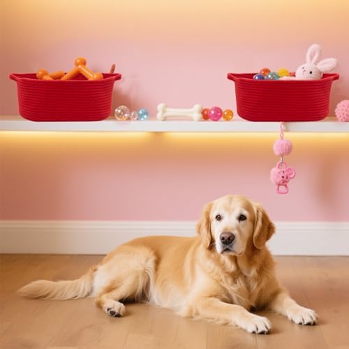 Woven Basket with Gift Bags and Ribbons, 14"X 10" X 6" Storage Basket Red | Gift Storage Organizer Basket Bin Shelf Shelves Cotton Rope Basket for Nursery, Pet Toys