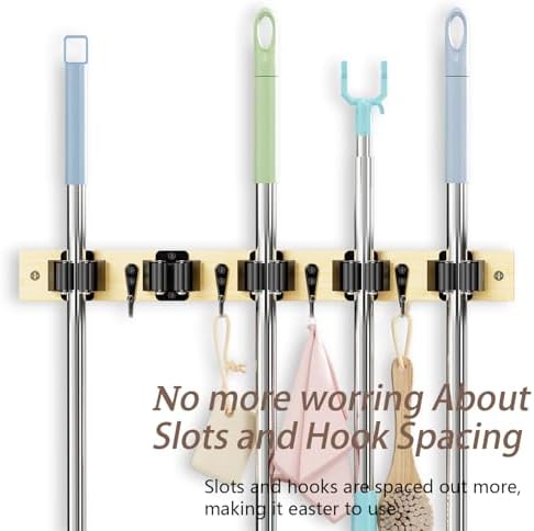 Mop and Broom Holder Wall Mount - Bamboo Broom Mop Hanger - Wall Mounted Garden Tool Rack Organizer for Closet Garage Laundry Room Kitchen Decor With 5 Slots & 4 Hooks (Bamboo)