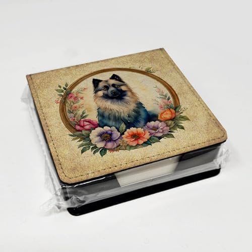 Caroline's Treasures Keeshond and Flowers PU Leather Note Paper Holder with Artist-Designed Cover, Desk Accessory, Office Gift