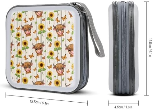 DVD Storage Binder for 40 Discs Cute Sunflower Highland Cow, Hard Shell Protective Wallet with Handle, Portable CD Organizer for Car Travel