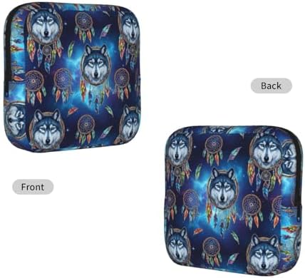 Ladies Sanitary Pad Storage Bag Space Wolf Dreamcatcher, Portable Polyester Period Pouch, Holds Tampons Panty Liners Menstrual Cup for Outdoor