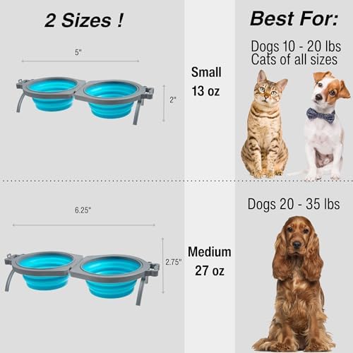 Loving Pets Bella Roma Double Diner Collapsible Dog Bowls - Silicone Dog Bowls, Foldable Bowl, Puppy Essentials & Hiking Pet Supplies Great for Home & Travel (Blue, Medium)