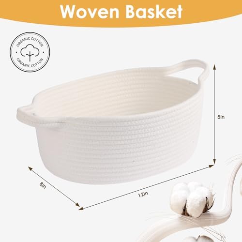 Small Woven Cotton Rope Basket for Gift with Bags and Ribbons, Durable Baskets for Christmas Halloween Gifts Empty, Storage Basket for Shelf with Handles, 12" X 8" X 5", White