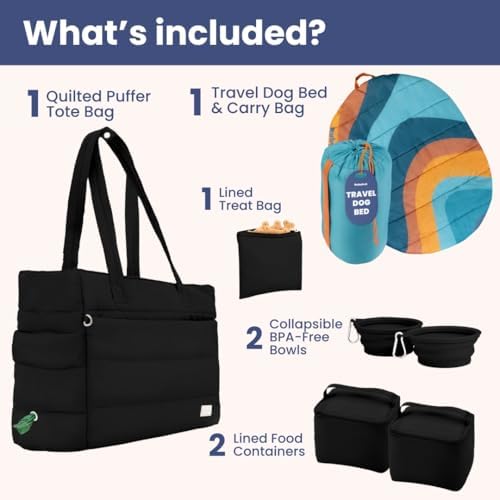 Rubyloo Dog Mom Bundle - Puffer Tote with Storage Containers (Black) and Travel Dog Bed Large (42”x30”) (Sunset Surf Teal) - Travel Bag and Portable Outdoor Bed Set