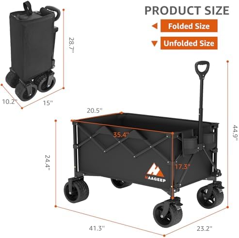Collapsible Wagon Cart with Wheels Foldable - Folding Utility Heavy Duty Wagons Carts for Grocery Sports Garden Shopping Camping Wheelbarrows (Black200L)