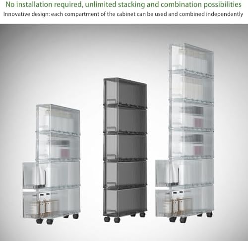Slim Storage Cabinet with Wheels, Space Saving Narrow Rolling Cart, Thickened PET Transparent Drawer Organizer, Mobile Bathroom for Small Spaces Kitchen Laundry(Clear White,3.9*15.9*66.8in)