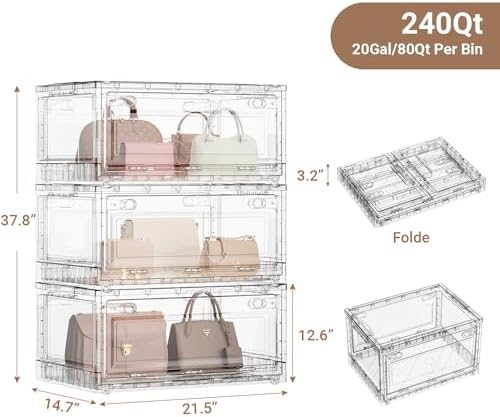 BROVIEW 240Qt Stackable Storage Bins with Lids Wheels, XL Clear Plastic Drawers Foldable Closet Organizers and Storage Cabinet Display Box Shelves with Front & Back Doors, for Home Room Office,3Pack