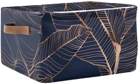 susiyo Gold Palm Leaves Navy Blue Closet Storage Bins with PU Handles, Foldable Fabric Storage Baskets for Shelves, Decorative Baskets Clothes Storage Baskets for Organizing-2Pack
