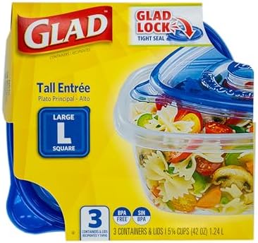Glad GladWare Tall Entree Containers, Large Square, 42 Oz, 3 Count | Lock-tight seal for meal prep and lunches in a tall square format; microwave and dishwasher safe