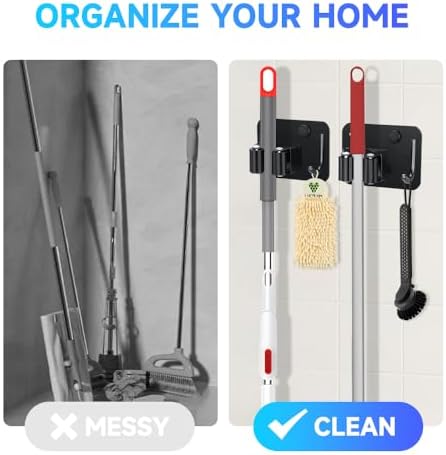 JAMEND CLXP 2-Pack Broom Holder with Heavy Duty Hooks, Upgraded Stainless Steel Mop Hanger. Wall Mount Utility Tool Rack for Kitchen Garden Laundry Garage. Matte Black.