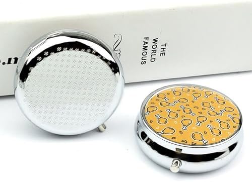 Pill Case with Mirror Crispy Fried Chicken Round 3 Compartment, Portable Pill Box for Purse Travel Medication