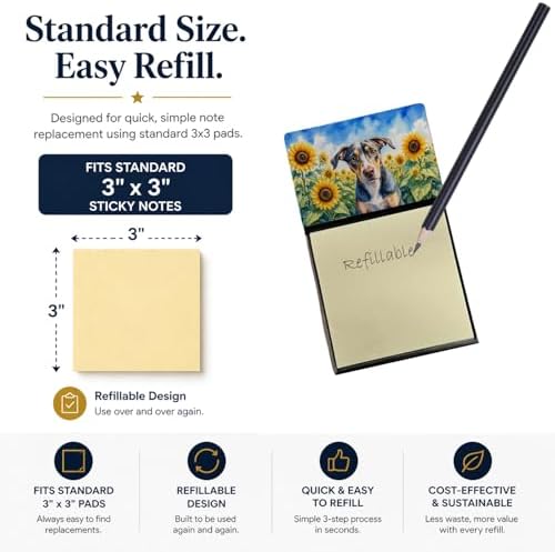 Caroline's Treasures Catahoula in Sunflowers Watercolor Sticky Note Holder Refillable Dispenser Desk Accessory 3x3 Pad Gift