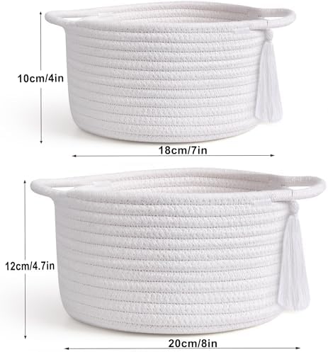 Small Gift Basket Empty to Fill, 2 Pack, Mini Woven Basket White | Cute Decorative Mini Rope Storage Baskets with Cellophane Bags & Ribbons; Two Sizes for Gifting, Bathroom Counter or Desk