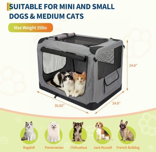 XL Soft Dog Crate for Car Travel - Collapsible 3-Door Portable Kennel with Washable 600D Cover, Fleece Bed, Storage Pocket, Safety Zippers - XL Size
