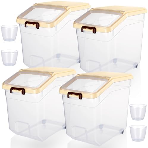 Sunnyray 4 Pcs Rice Storage Containers Bulk Flour Sugar Container Wheels Measuring Cups Set Airtight Pet Dog Cat Birds Food Bin Grain Cereal Organizer Box for Dry Baking (Beige,38 lb)