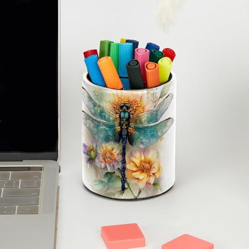 Faux Leather Pen Holder for Desk, Pencil Organizer Dragonfly Pen Cup Desk Decor Makeup Brush Holder Storage for Office Home