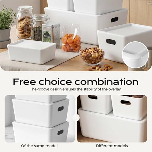 12 Pack White Storage Bins with Lids, PET Plastic Pantry Organizers and Storage, Small Storage Bins for Kitchen, Fridge, Bathroom, Office
