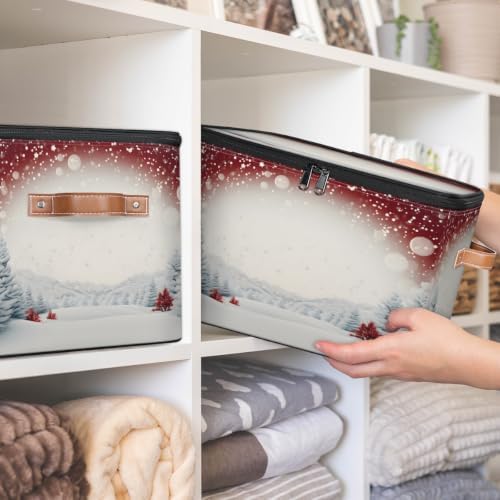 Merry Christmas New Year Holiday Fabric Storage Bin with Lid | Storage Basket, Collapsible, Foldable, Waterproof, Handle, Large, Closet Organizer, Home, Xmas Tree Winter
