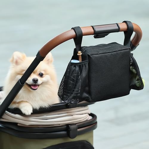 Dog Stroller Caddy Bag, Pet Stroller Storage Pouch with Cup Holder and Waste Bag Outlet, Large Capacity Hanging Organizer for Cats Dogs Outdoor Travel
