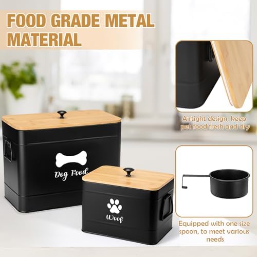 Newtay 2Pcs Extra Large Metal Dog Food Containers Airtight 12 & 3.5 Lbs Dog Treat Snack Jars Set of 2 with Bamboo Lids and Spoons Farmhouse Big Pet Cookie Storage Jars for Kitchen Counter Gift(Black)