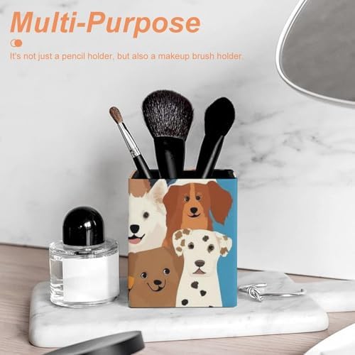 Modern Leather Desk Organizer Pen Cup Pencil Holder Cute Puppy Dog Makeup Brush Storage