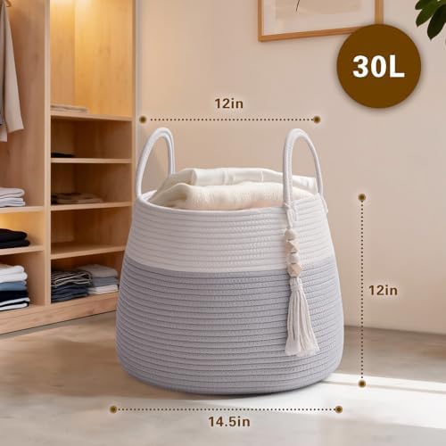 Large Nursery Hamper, 30L Blanket Basket with Handle, Baby Laundry Basket for Gift, Toy, Clothes, Woven Storage Basket with Wooden Bead Decor, Baby Hamper for Nursery (Black&Brown)
