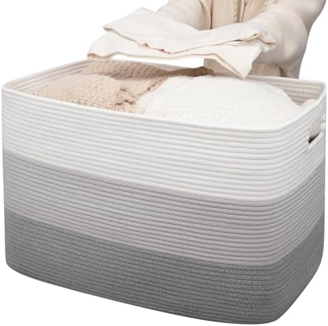 OIAHOMY 118L Extra Large Blanket Basket Cotton Rope Storage Basket Grey | 25" x 17" x 16", Rectangular Baskets Living Room,Used for storing Dirty Clothes, Stuffed Animal Toy Storage for Kids Room