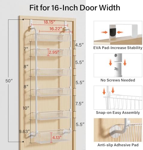 Delamu Large Over the Door Pantry Organizer, 6-Tier Metal Pantry Door Organization and Storage for Easy Install, Hanging Spice Rack Seasoning Shelves for Cabinet & Kitchen, D6.7xW17.5xH53.7 in, White