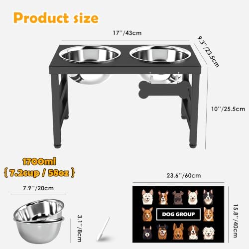 ADENGL 10" Elevated Dog Bowls – Metal Raised Dog Bowl Stand with 2 x 1700ml Stainless Steel Bowls, 1 Slow Feeder & Non-Slip Mat for Dogs