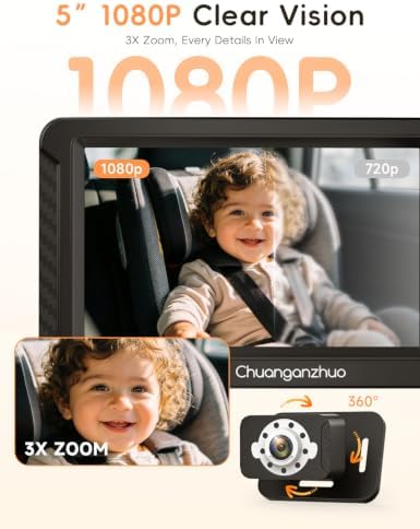 S100C Baby Car Camera USB Powered, Crystal Clear Auto IR Night Vision in Total Dark, Adjust Brightness & 1080P 5" IPS Monitor, 3X Zoom & 360° Rotating Backseat Camera for Rear or Forward-Facing Infant