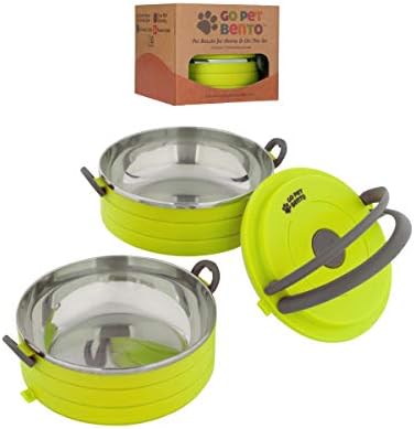Healthy Human Travel Pet Bento Bowls - Human-Grade Stainless Steel & BPA-Free, Leak-Proof Water & Food Container Set for Dogs & Cats, 2-Pack Interlocking Bowls, Includes Spare Clips & Handle (Green)