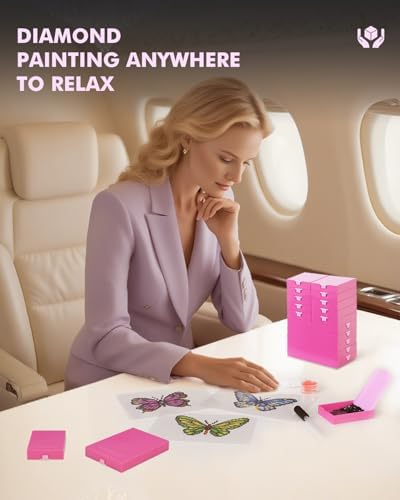 CATEARED 2-in-1 Diamond Art Trays with Lids, Anti-static Diamond Art Storage Containers, Diamond Art Accessories Diamond Painting Trays with Lids & Line-Up, Box Package (Pink, 10 piece Tray Kit)